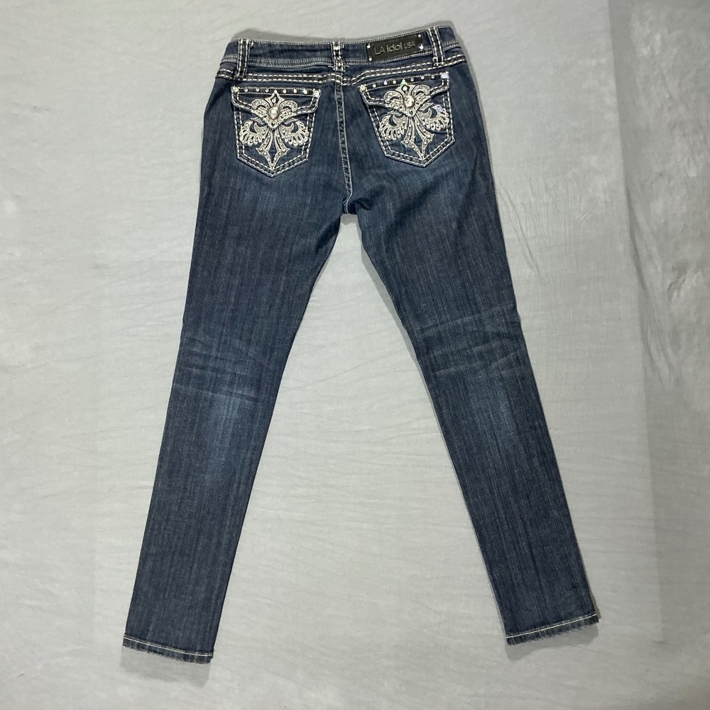 LA Idol USA Dark Wash Rhinestone Fleur De Lis Embroidered Skinny Jeans Size‎ 11